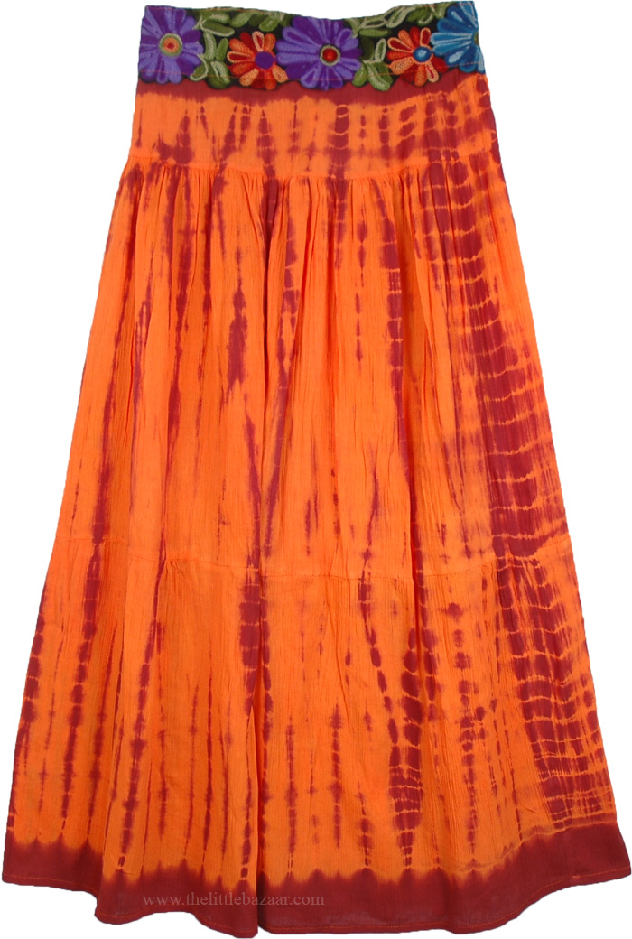 Burning Orange Embroidered Tie Dye Skirt