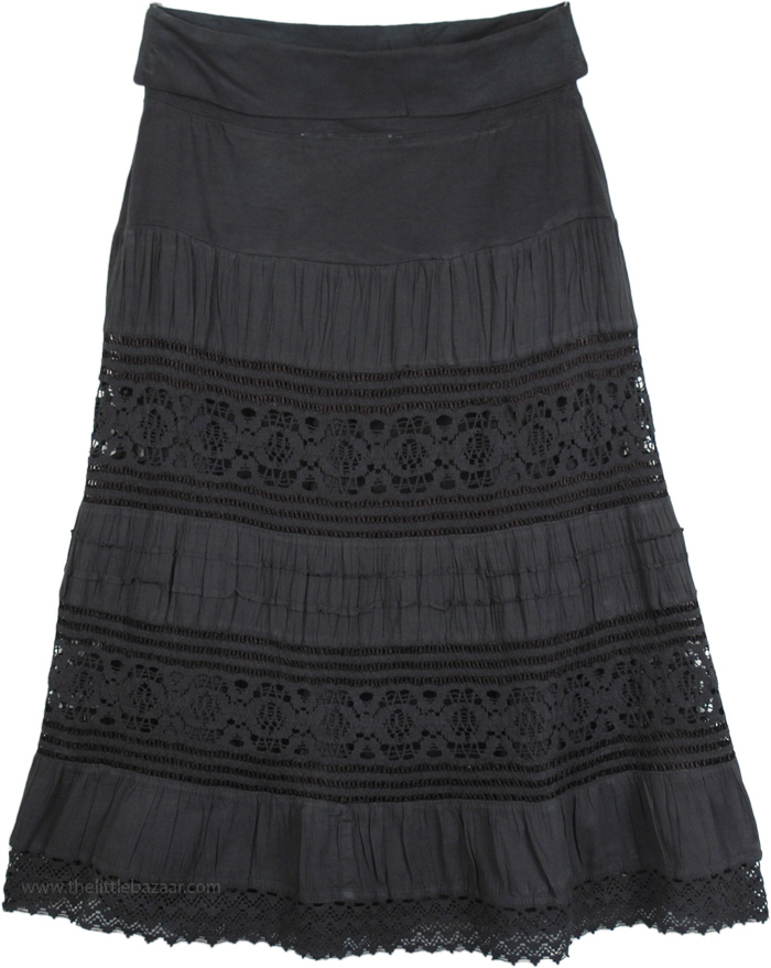 Gypsy Black Mid Length Crochet Lace Skirt | Black | Crochet-Clothing ...