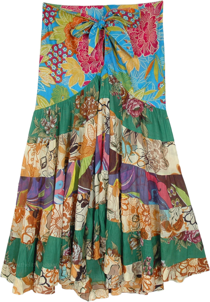 Multicolored Upcycled Floral Patchwork Skirt with Tie-Up Waist