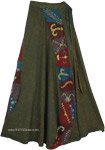 Dusky Olive Green Boho Skirt with Embroidered Patches