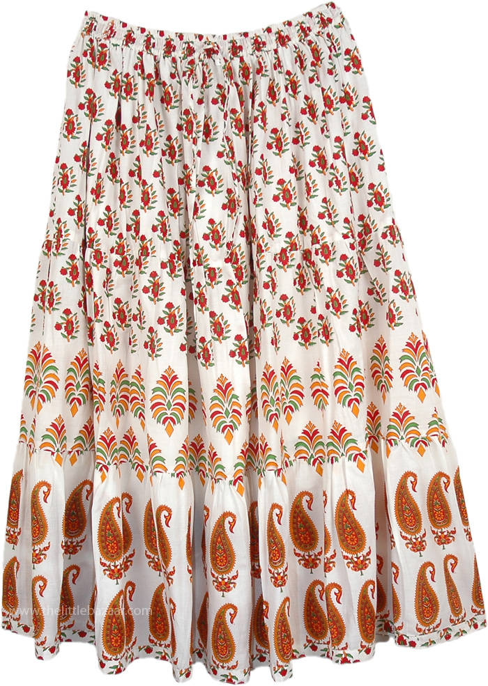 Floral and Paisley White Printed Summer Boho Skirt