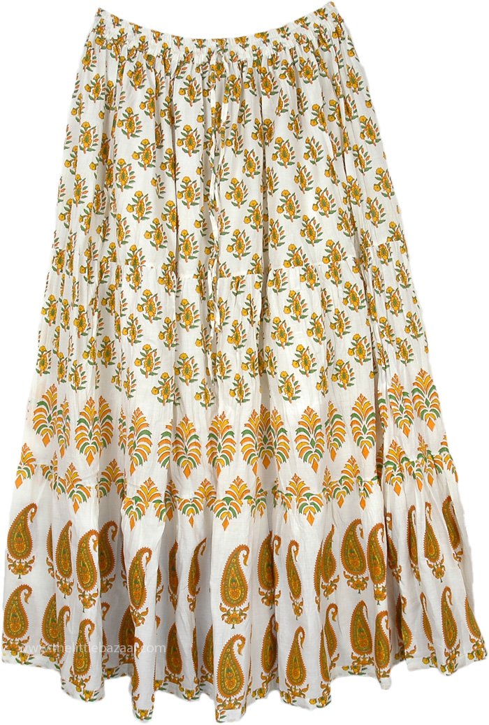 Long White Skirt with Mango Brown Botanical Design