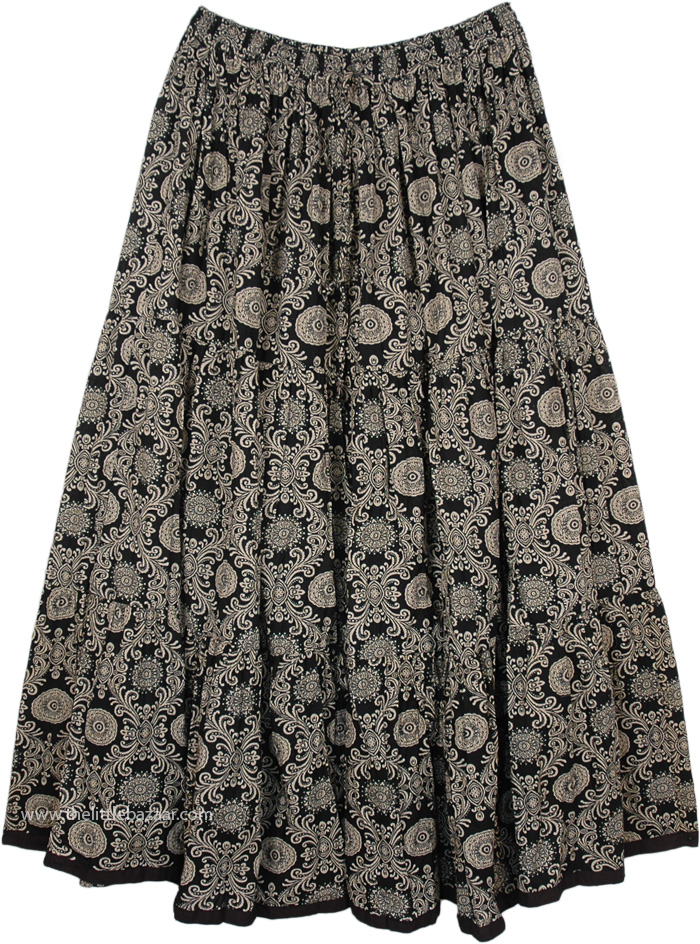 Bohemian Black Cotton Skirt with Intricate Flowery Design