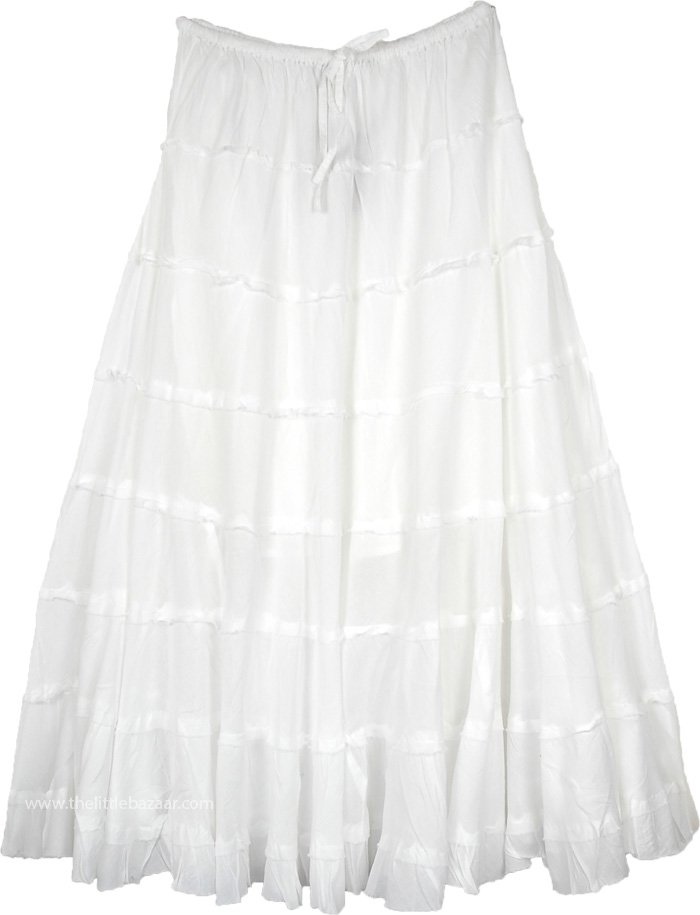 Glacier White Circular Long Cotton Skirt with Tiers