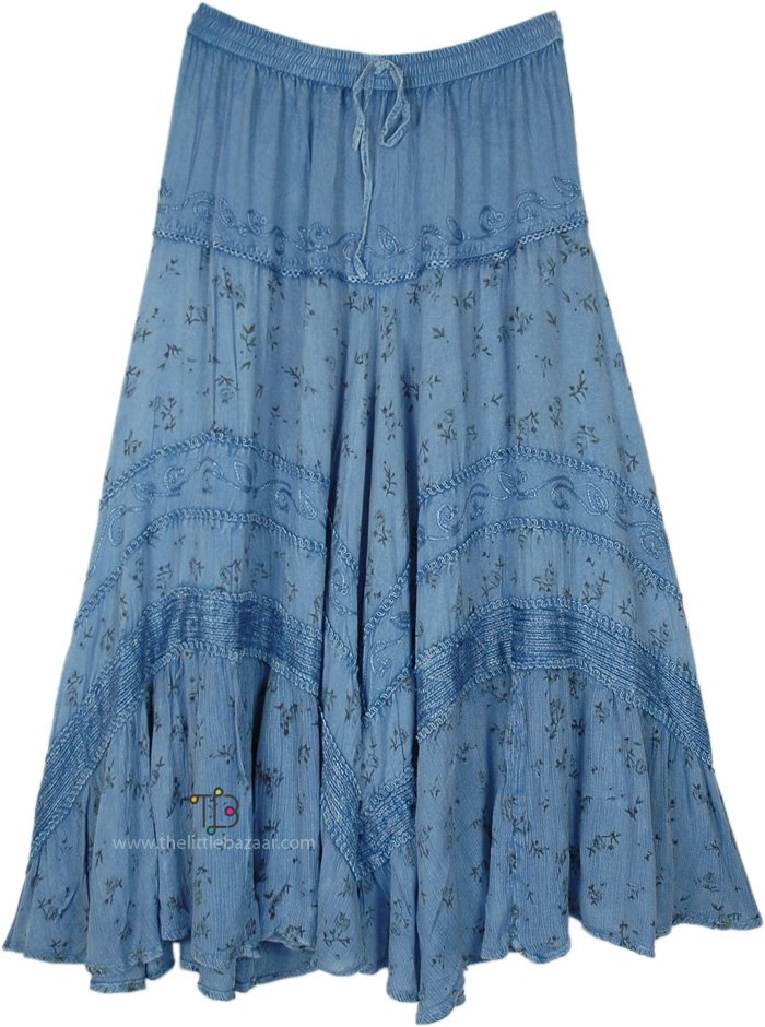Soft and Flowy Blue Fairy Long Boho Skirt | Blue | XL-Plus, Solid