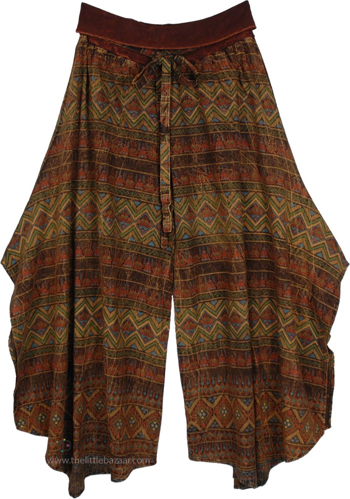 Rustic Earth-Tone Zigzag Flowy Slit Palazzo Pants