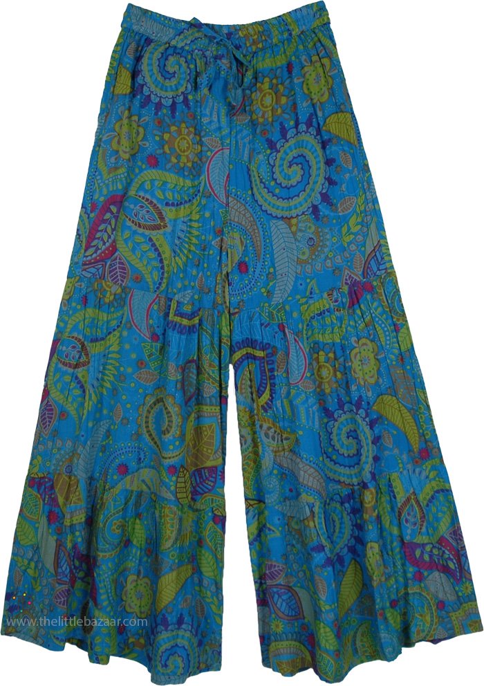 Aqua Swirls Paisley Wide Leg Tiered Cotton Pants
