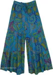 Aqua Swirls Paisley Wide Leg Tiered Cotton Pants
