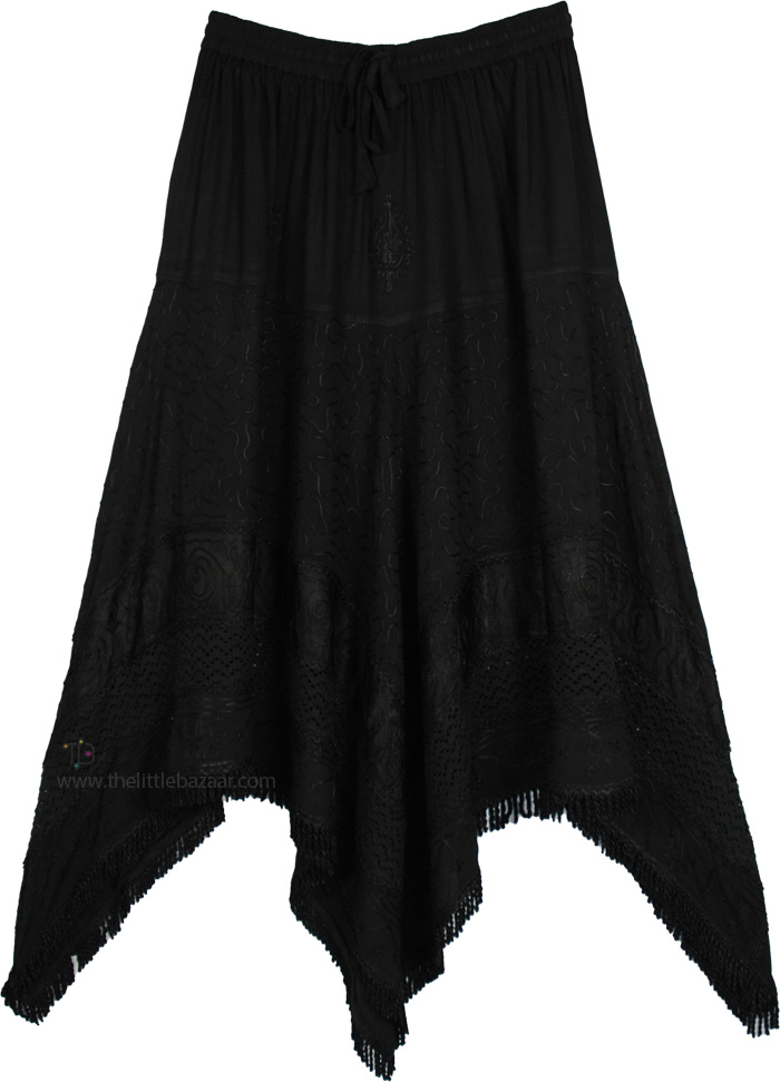 Asymmetric Fringed Handkerchief Hem Black Skirt