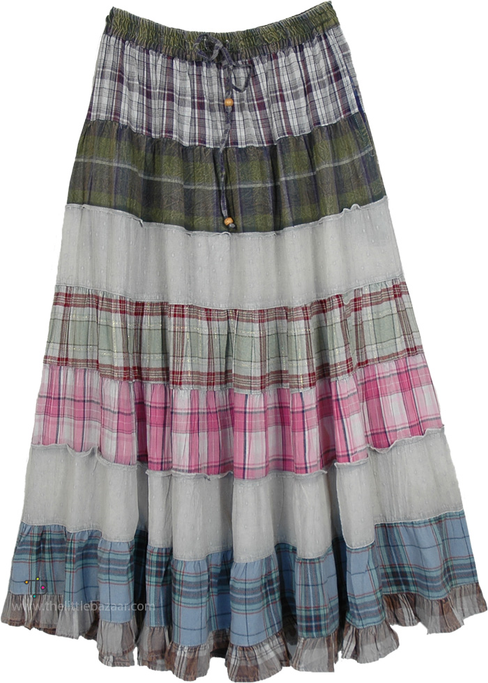 Vintage Vibes Pastel Plaid Crinkled Tiered Maxi Skirt
