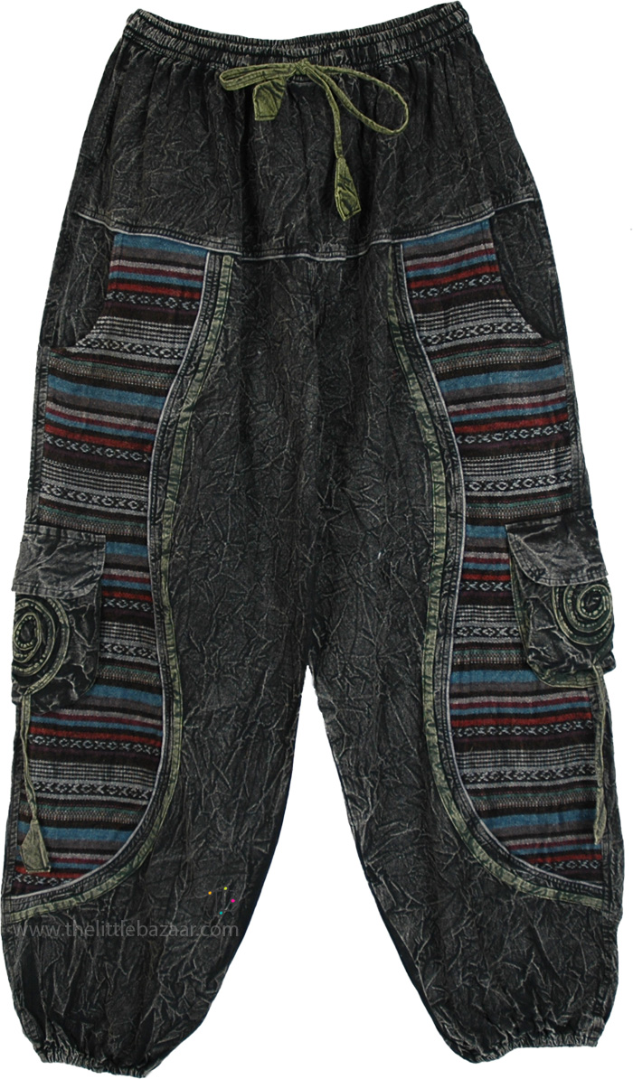Gray Tribal Patchwork Cotton Cargo Pants