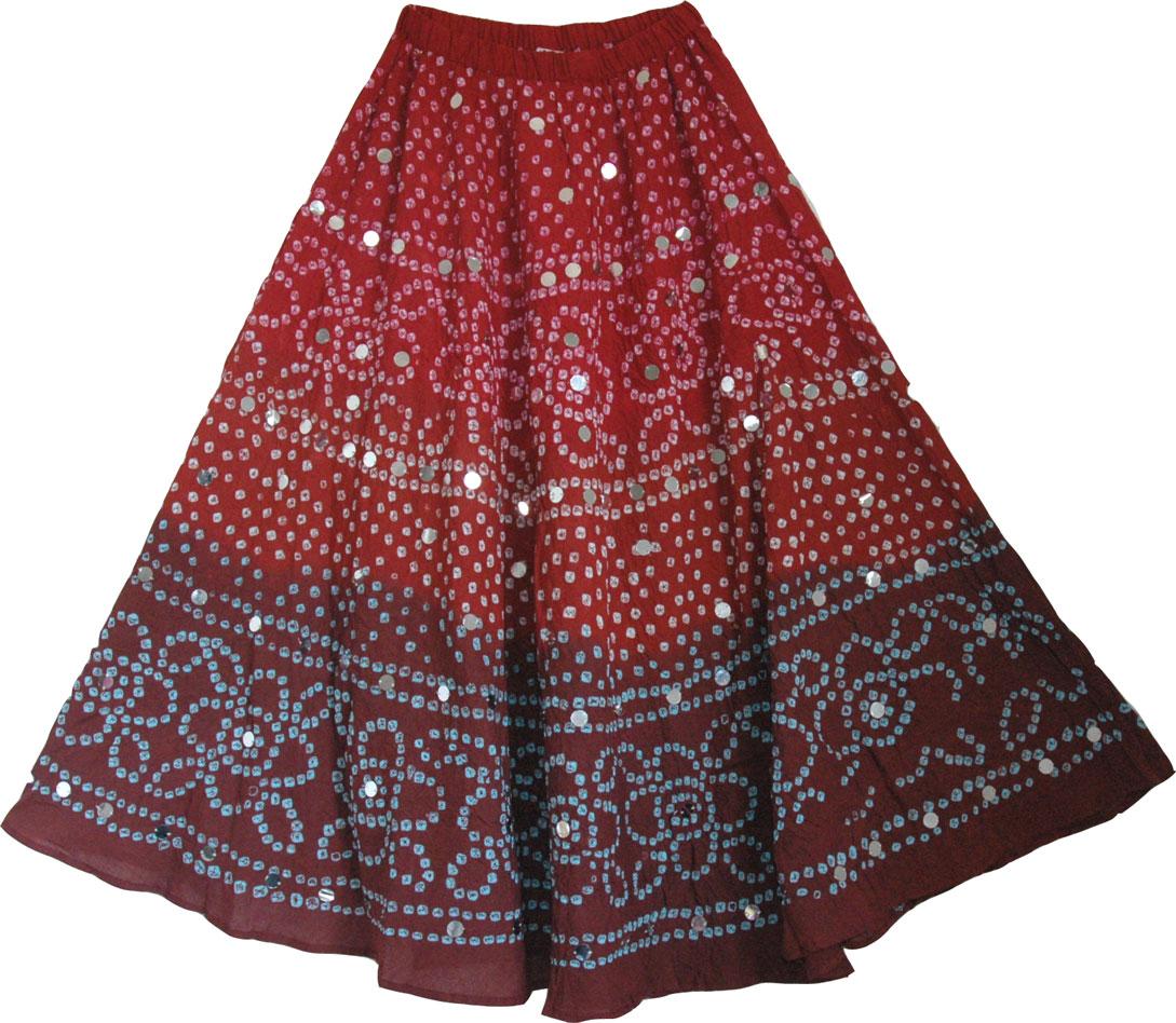 Red Tie Dye Sequin Long Skirt 