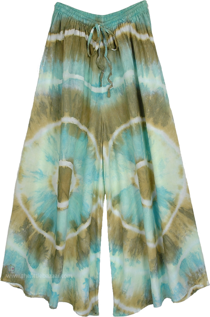 Aqua Olive Wide Leg Tie Dye Flowing Pants