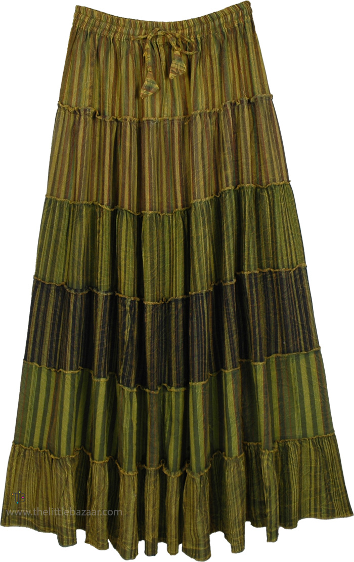 Moss Green Tiered Patchwork Skirt For Tall Women