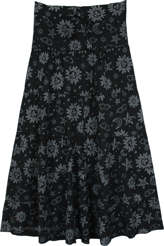 Black Star Moon Tiered Cotton Mystical Skirt