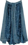 Ocean Blue Velvet Embroidered Panels Maxi Skirt