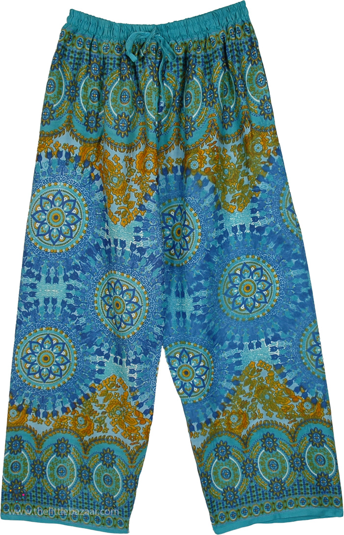 Turquoise Mandala Rayon Pants with Pockets