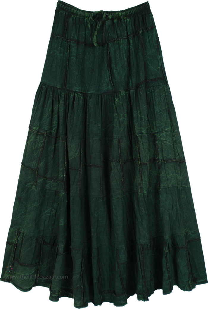 Hunter Green Patchwork Tier Maxi Boho Skirt