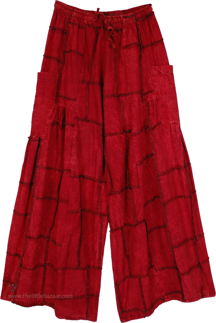 Crimson Grid Patchwork Wide Leg Boho Pants