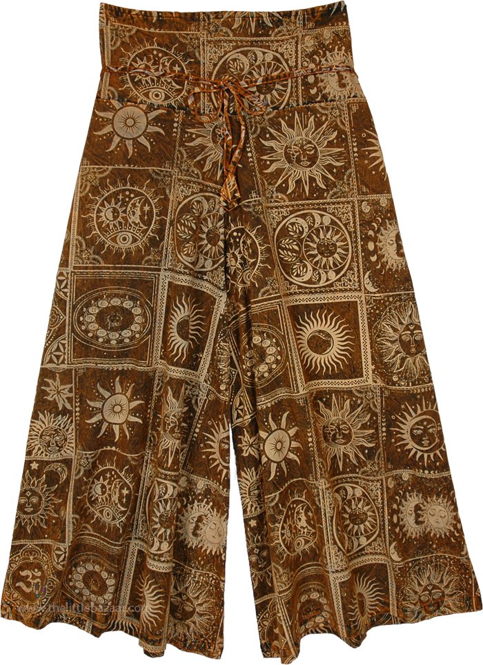 Tan Sun Moon Mystical Wide Leg Trousers