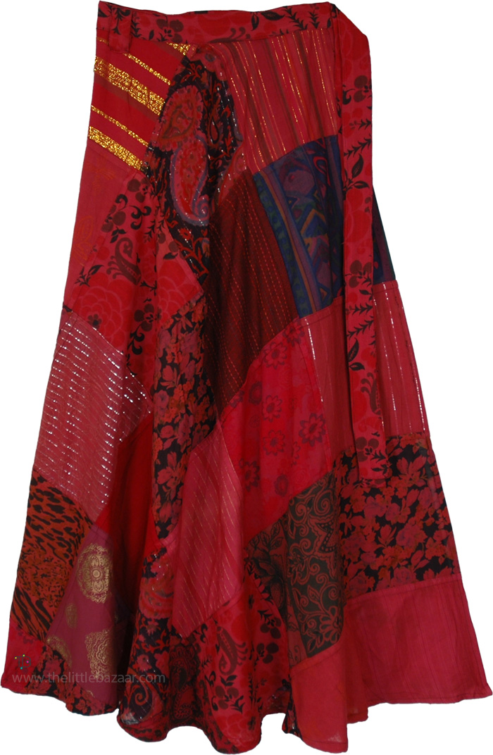 Crimson Tinsel Holiday Boho Patchwork Wrap Skirt