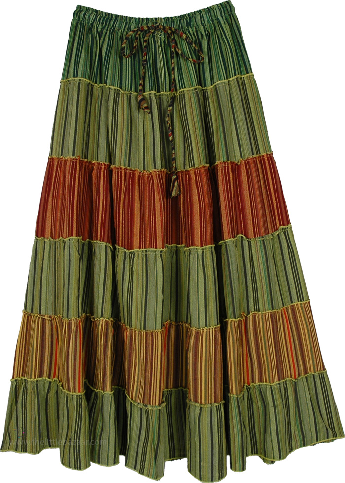 Moss Green and Rust Tiered Patchwork Maxi Skirt