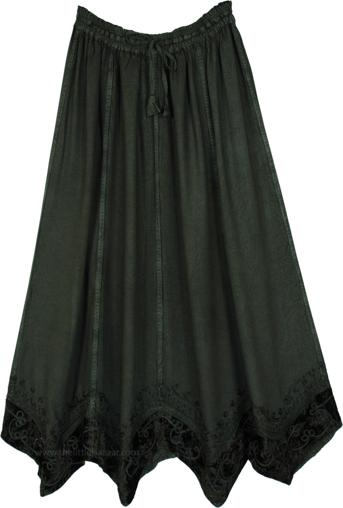 Gothic Olive Maxi Skirt with Embroidered Velvet Hem