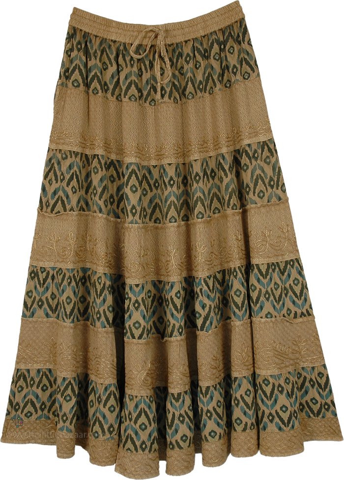 Tan Ikat Dobby Tiered Patchwork Maxi Skirt