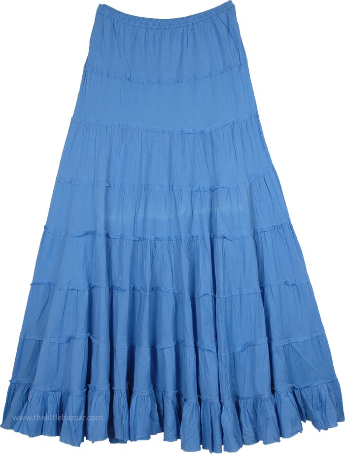 Solid Blue Flared Cotton Summer Skirt with Gathered Tiers | Blue | XL ...