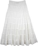 White Flared Long Cotton Skirt For Summer with Tiers
