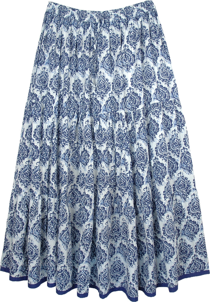 White Full Length Bohemian Skirt with Blue Traditional Print