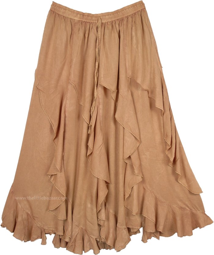 Western Curved Tier Frill Skirt in Tan Beige Crunch