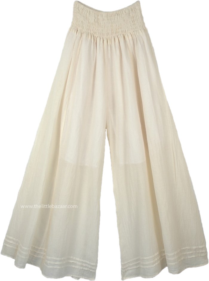 Wide Leg Full Length Summer Cotton Pants in Cool Ivory