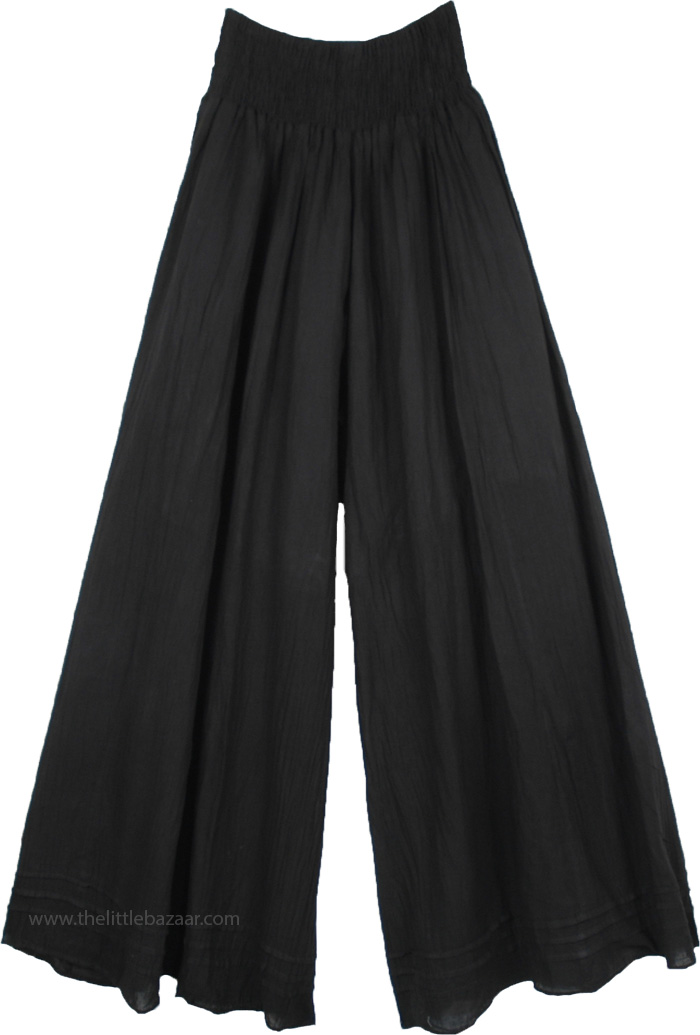 Wide Leg Full Length Summer Cotton Pants in Black