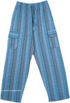 Blue Striped Cotton Unisex Bohemian Trousers with Pockets