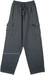 Grey Black Striped Cotton Unisex Boho Trousers with Pockets
