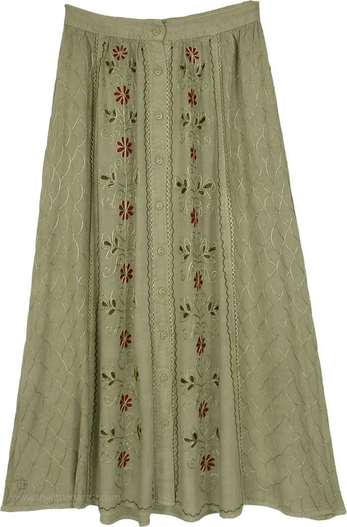 Pale Eucalyptus Button Front A-Line Boho Skirt