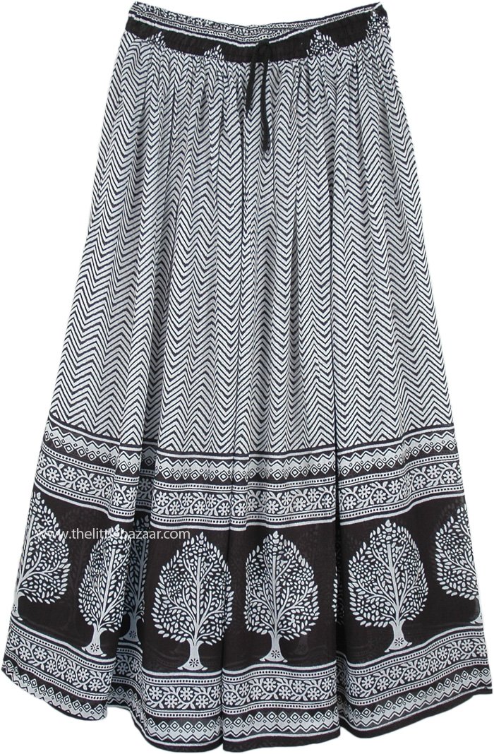 Black and White Rayon Long Skirt with Tree Print
