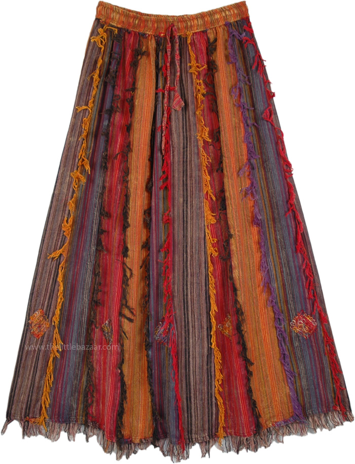 Vertical Patchwork Gypsy Skirt with Thread Fringes
