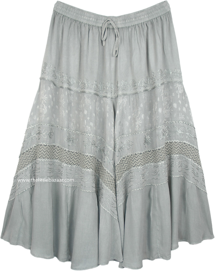 Cloud Grey Plus Size Rayon Embroidered Medieval Barn Skirt