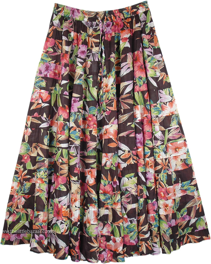 Tiered Skirt Flower Print Hawaiian Casual Long Cotton Skirt | Black ...