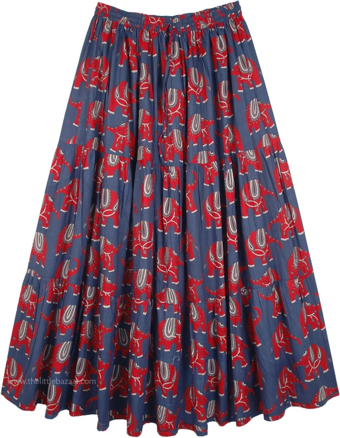 Elephant Print Navy Blue Cotton Long Elastic Waist Skirt