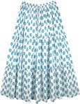 Summer Cotton Maxi Full Long Skirt in White with Blue Print