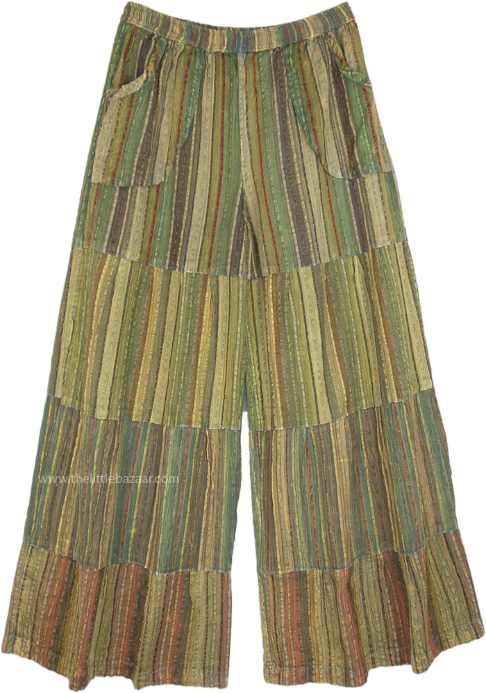 Vertical Tropical Stripes Boho Wide Leg Pants with Pockets