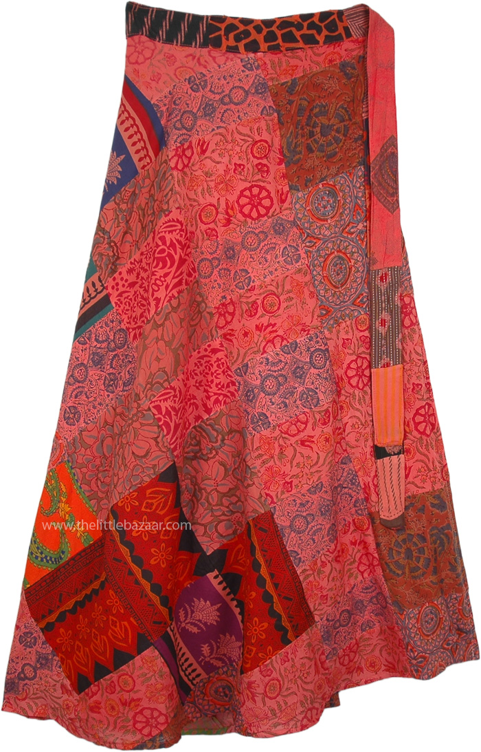 Coral Red Long Hippie Wrap Skirt with Patchwork