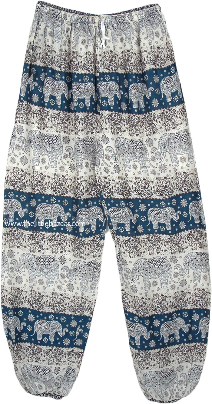 Dark Teal Elephant Print Elastic Bottom Harem Pants | Off-White | Split ...