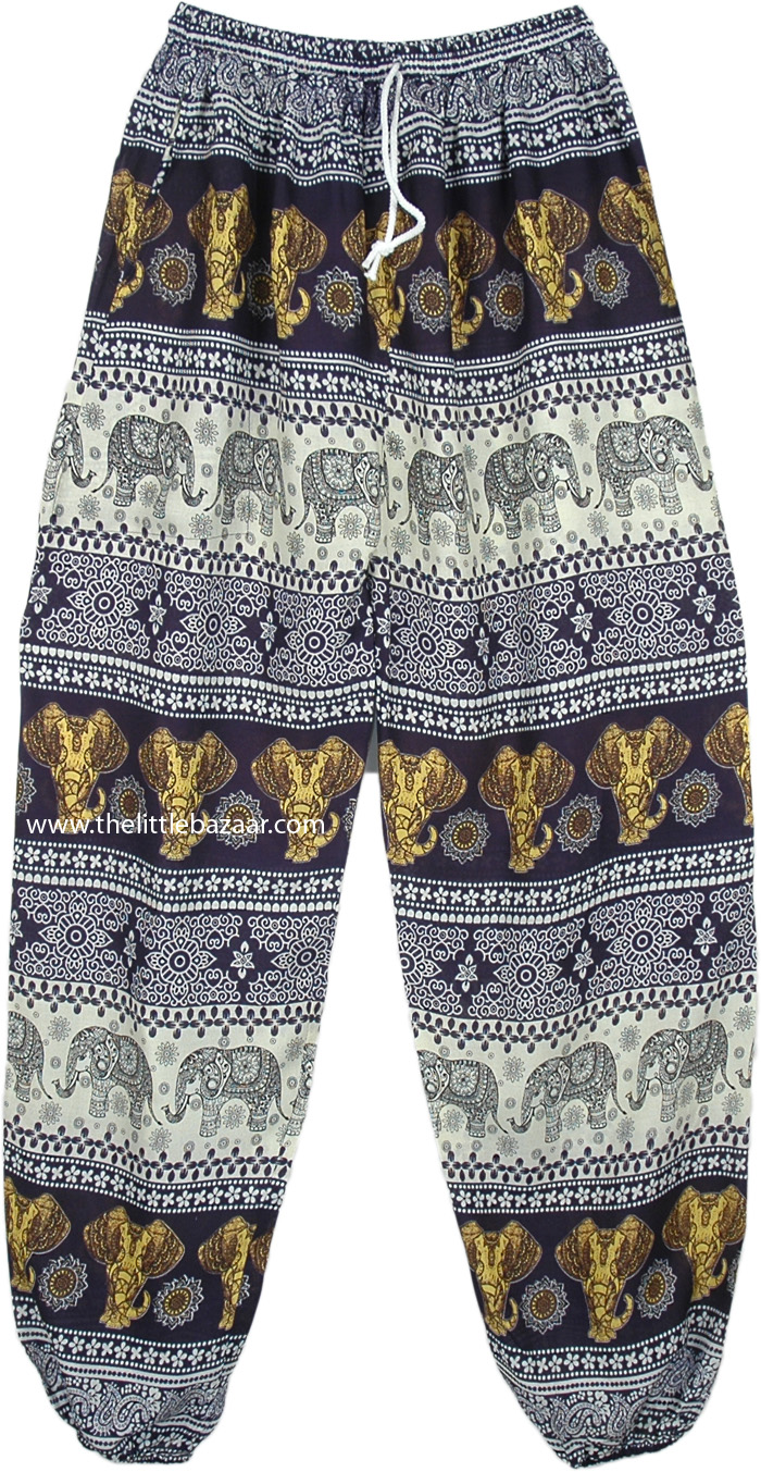 Navy and White Ethnic Elephant Print Harem Trousers