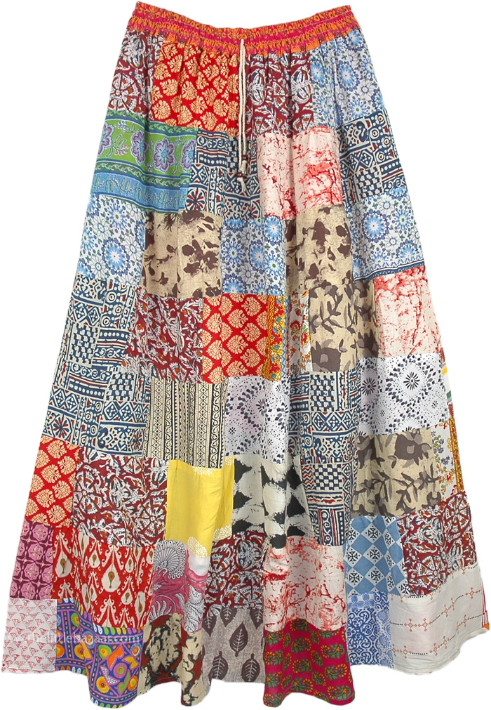 Summer Tones Hippie Patchwork Long Maxi Cotton Skirt | Multicoloured ...