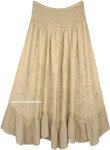Beige Embroidered Ankle Length Skirt with Smocked Waist