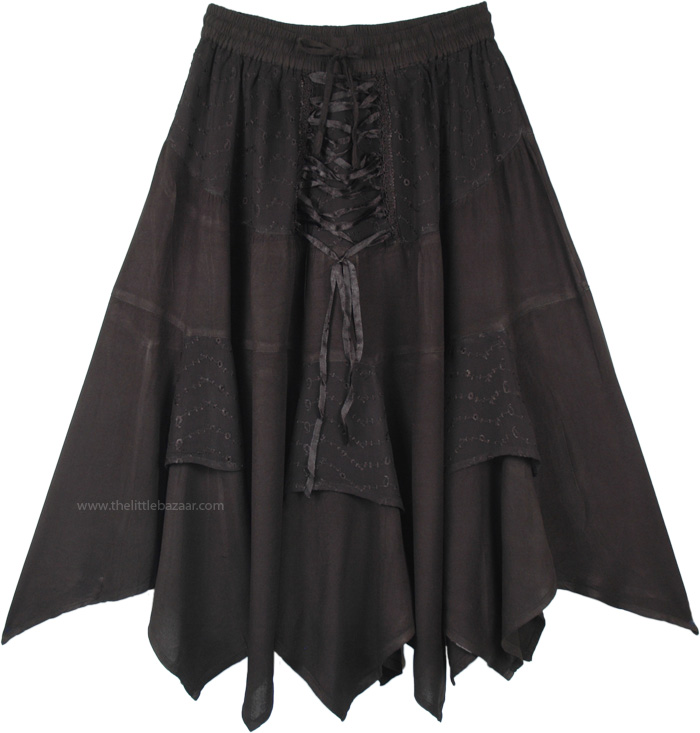Spooky Black Western Mid Length Handkerchief Hem Skirt